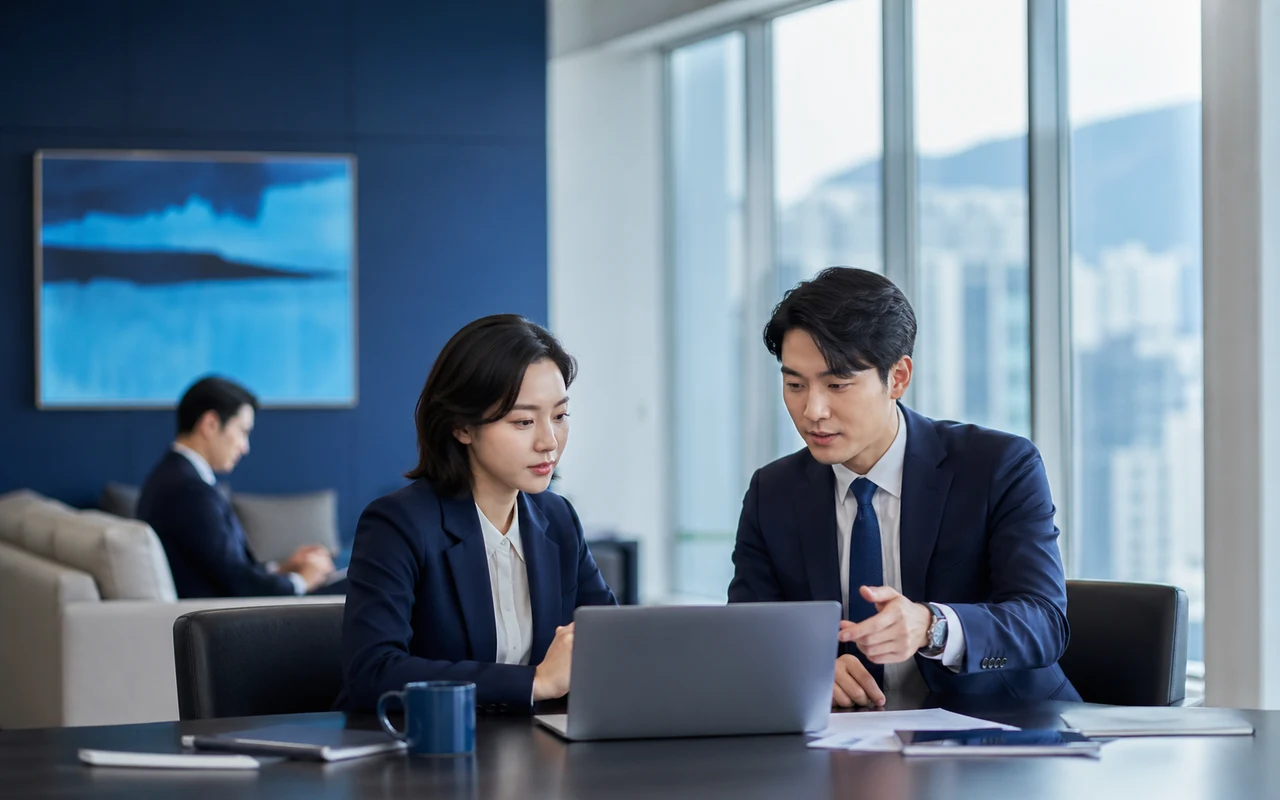 동양인 남성 리더가 회의실에서 AI 도입 전략 대시보드를 검토하는 모습