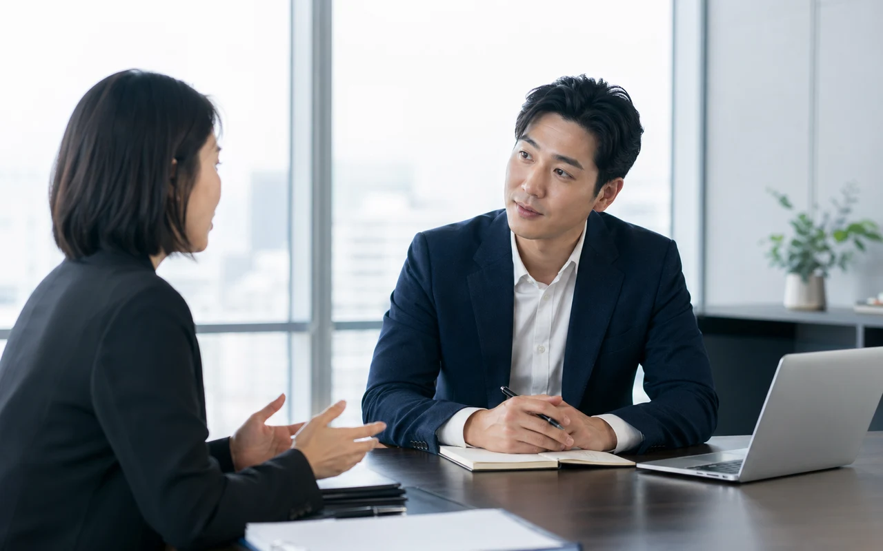 동양인 남성 컨설턴트가 동양인 여성 고객과 상담하는 모습