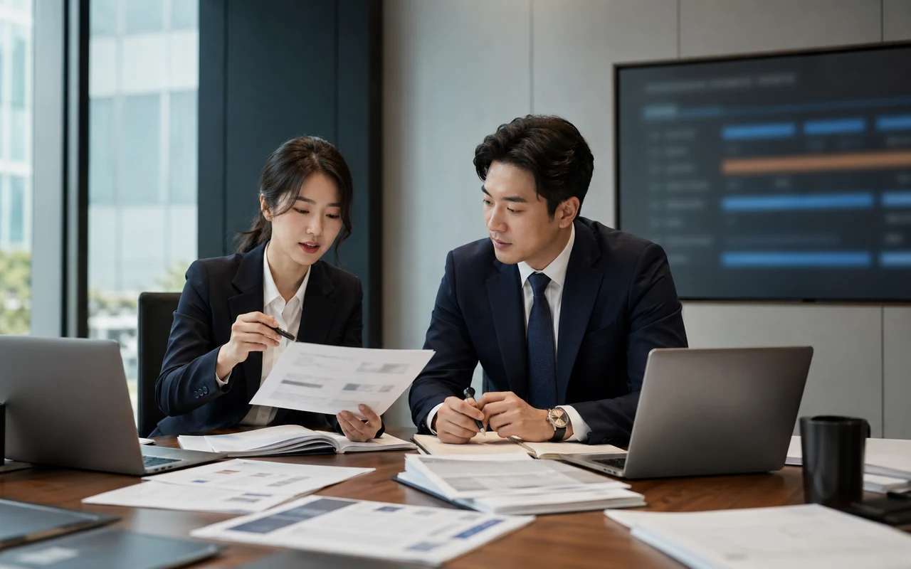 동양인 남성과 여성이 공공조달 제안 문서를 검토하는 모습